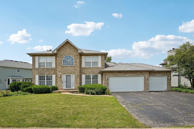 colonial home featuring a front yard, brick siding, a garage, and driveway