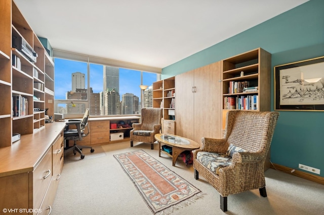 carpeted office featuring baseboards and a view of city