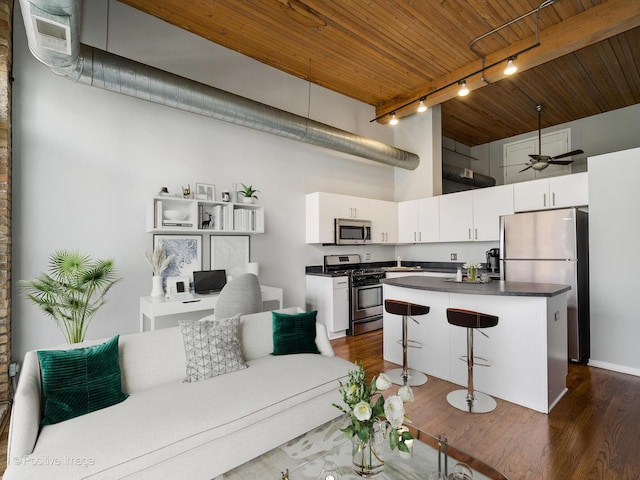 2333 W Saint Paul Ave Unit 331, Chicago, IL 60647 - kitchen featuring appliances with stainless steel finishes, track lighting, a towering ceiling, dark countertops, and dark wood-style flooring