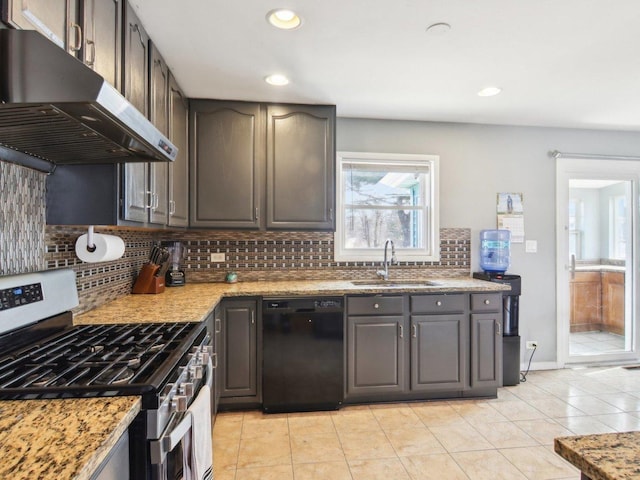 kitchen with stainless steel range with gas cooktop, a sink, decorative backsplash, extractor fan, and dishwasher