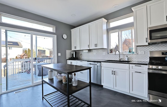 kitchen with dark countertops, visible vents, white cabinets, stainless steel appliances, and a sink