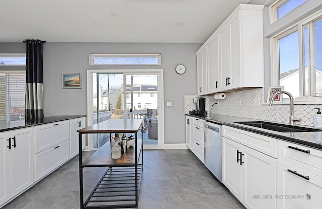 kitchen featuring dark stone counters, a sink, white cabinets, dishwasher, and tasteful backsplash