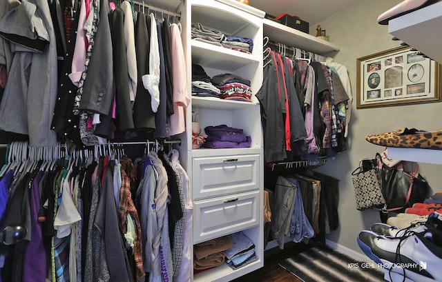 walk in closet with wood finished floors