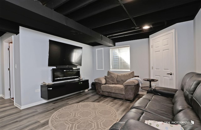 living room with wood finished floors and baseboards