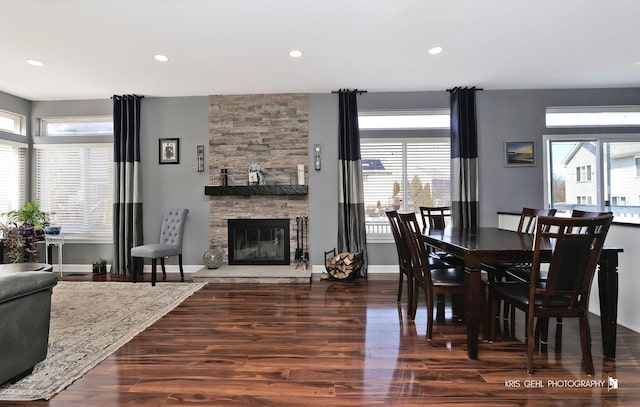 dining space with wood finished floors, recessed lighting, and a healthy amount of sunlight