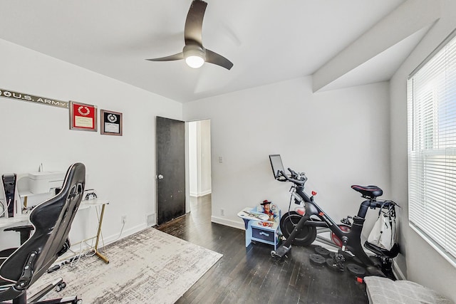 office with baseboards, ceiling fan, and wood finished floors