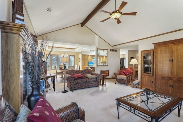 living room with visible vents, beam ceiling, high vaulted ceiling, ceiling fan with notable chandelier, and carpet floors