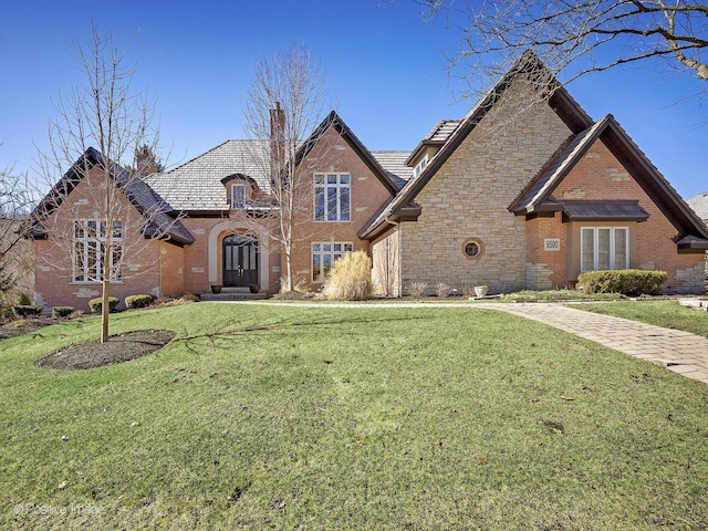 view of front of property with brick siding, a front lawn, and a chimney