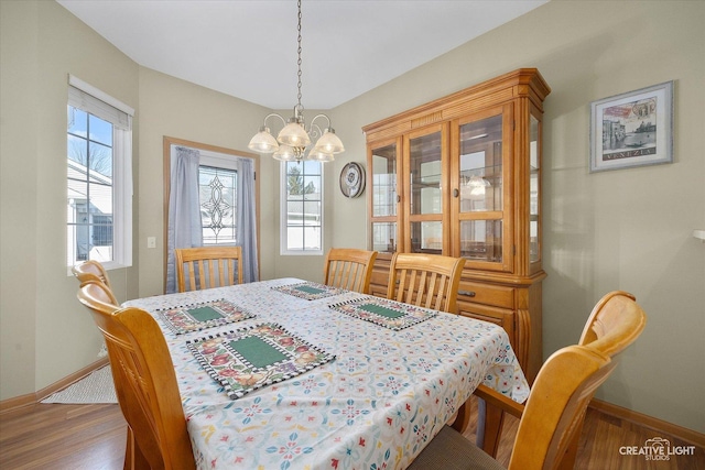 dining room featuring a notable chandelier, plenty of natural light, baseboards, and wood finished floors