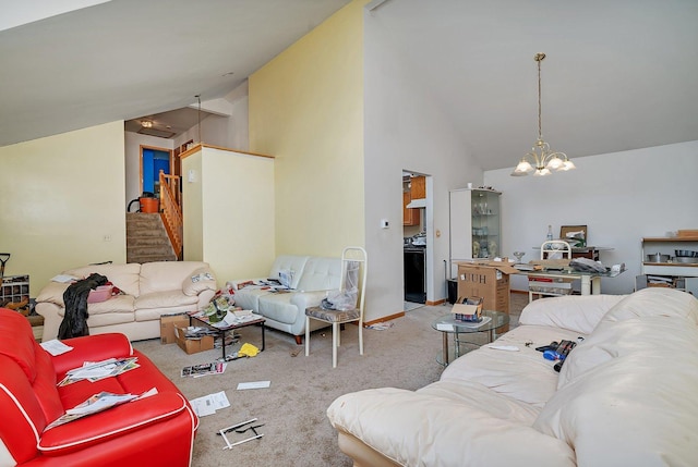 carpeted living area with stairway, a notable chandelier, and high vaulted ceiling