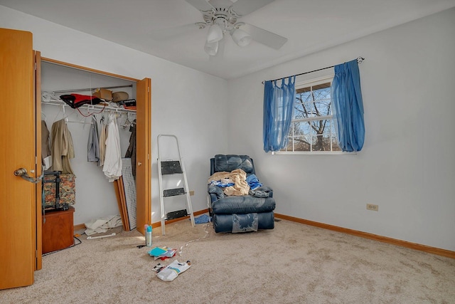 unfurnished bedroom featuring a ceiling fan, carpet flooring, baseboards, and a closet