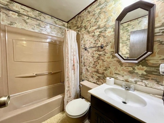 bathroom featuring shower / bath combo with shower curtain, toilet, vanity, and wallpapered walls