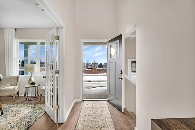 entryway featuring a healthy amount of sunlight, baseboards, and wood finished floors