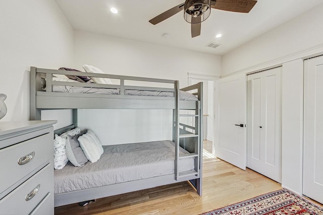 bedroom featuring visible vents, recessed lighting, light wood-style floors, and ceiling fan