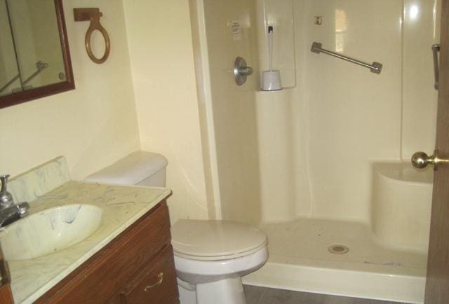 bathroom with a shower stall, toilet, and vanity