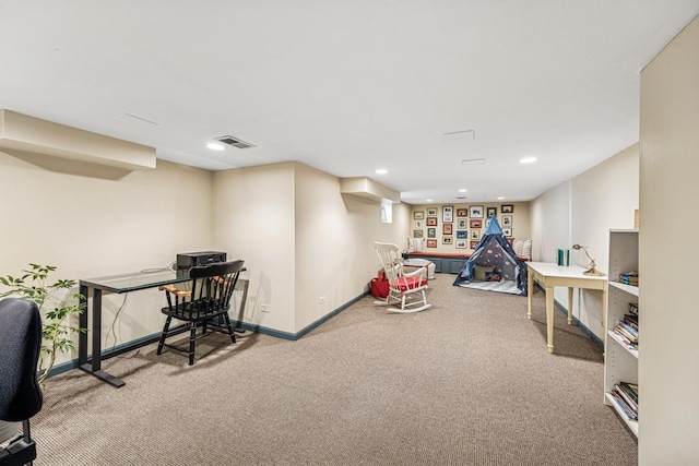 rec room featuring recessed lighting, carpet, visible vents, and baseboards