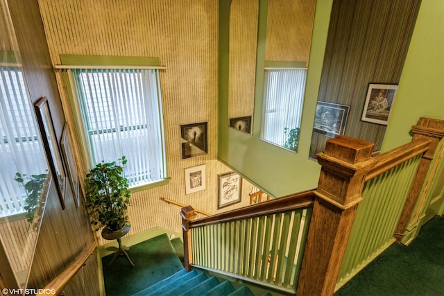 stairway featuring carpet flooring and wallpapered walls