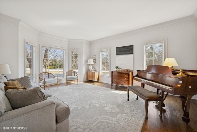 living area with a healthy amount of sunlight, crown molding, and wood finished floors