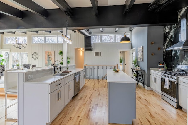 kitchen with light wood-style flooring, an island with sink, a sink, stainless steel appliances, and wall chimney range hood