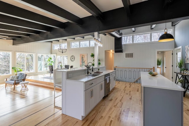 kitchen with a sink, light wood-style floors, stainless steel dishwasher, and an island with sink