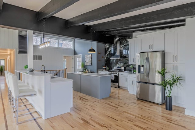 kitchen with beamed ceiling, a sink, wall chimney range hood, stainless steel appliances, and light wood finished floors