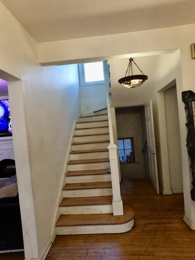 stairway with hardwood / wood-style floors and a fireplace