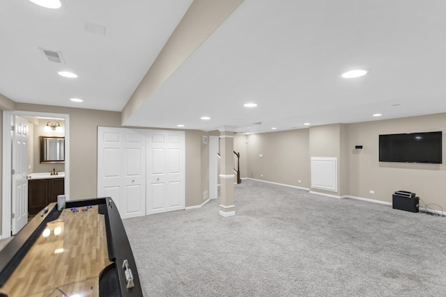 interior space featuring visible vents, recessed lighting, baseboards, and carpet floors