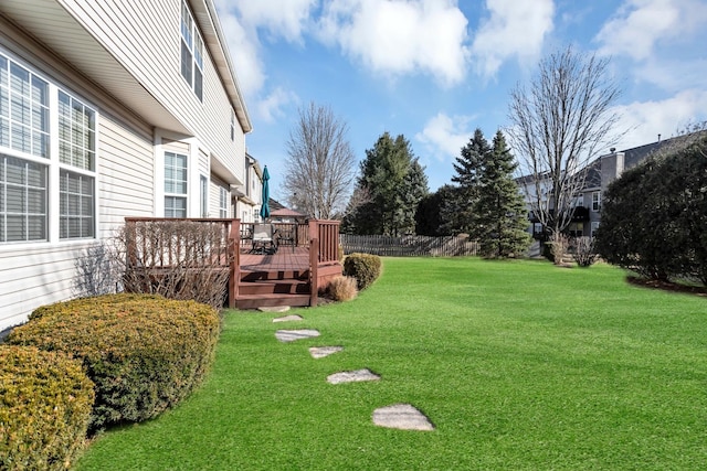 view of yard featuring fence and a wooden deck