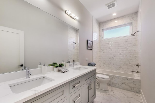 bathroom featuring visible vents, marble finish floor, toilet, and a sink