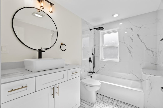 bathroom featuring bathtub / shower combination, toilet, vanity, and recessed lighting