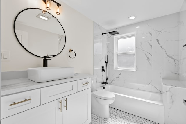 bathroom with vanity,  shower combination, toilet, and recessed lighting