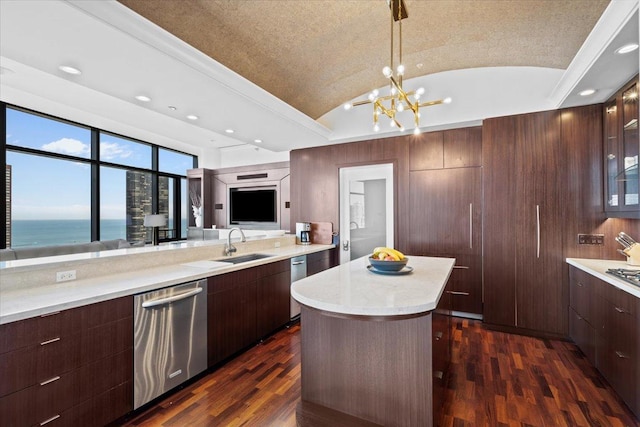 kitchen featuring stainless steel dishwasher, lofted ceiling, dark wood finished floors, and light countertops