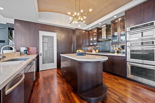 kitchen featuring dark wood-type flooring, island exhaust hood, appliances with stainless steel finishes, and a sink