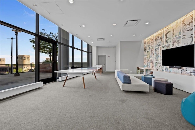 playroom featuring recessed lighting, visible vents, floor to ceiling windows, and carpet floors