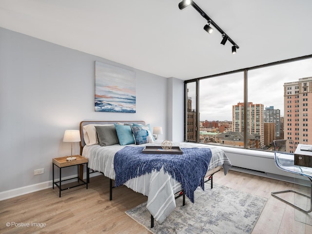 bedroom with a city view, track lighting, baseboards, and wood finished floors