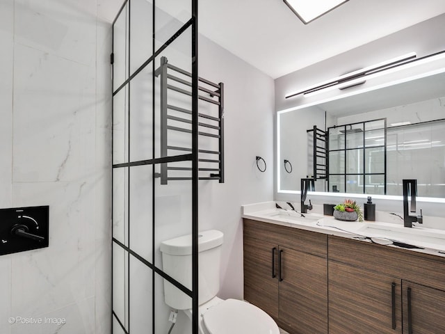 bathroom with double vanity, a stall shower, toilet, and a sink