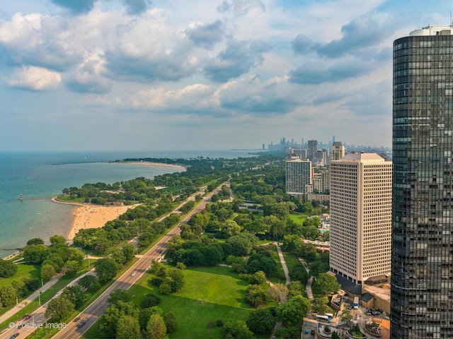 bird's eye view with a city view and a water view