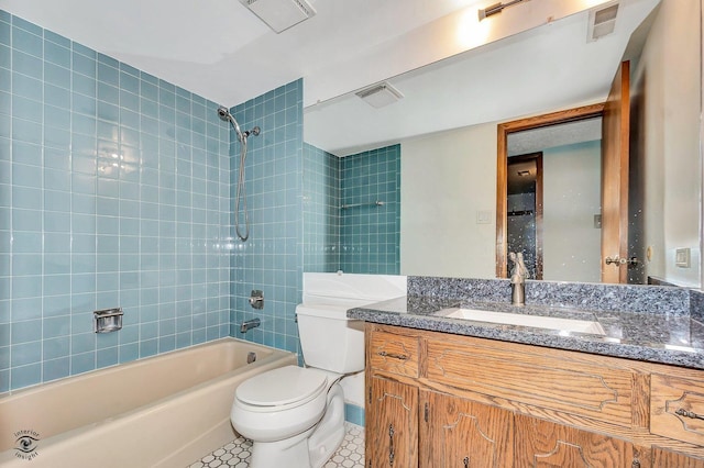 full bath with vanity, toilet, visible vents, and shower / washtub combination