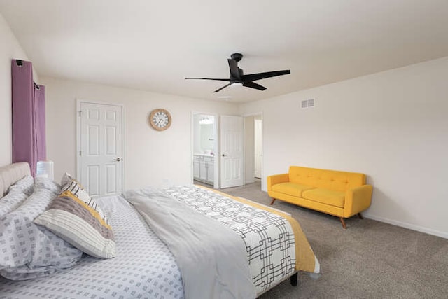 carpeted bedroom featuring visible vents, a ceiling fan, and baseboards