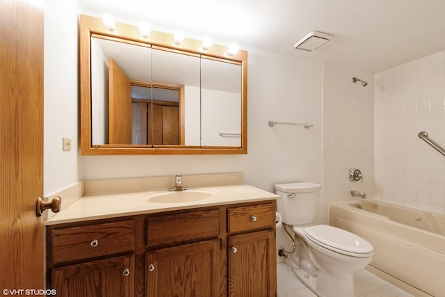 full bath with vanity, toilet, tile patterned flooring, and shower / washtub combination