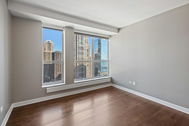 spare room with a city view, wood finished floors, and baseboards