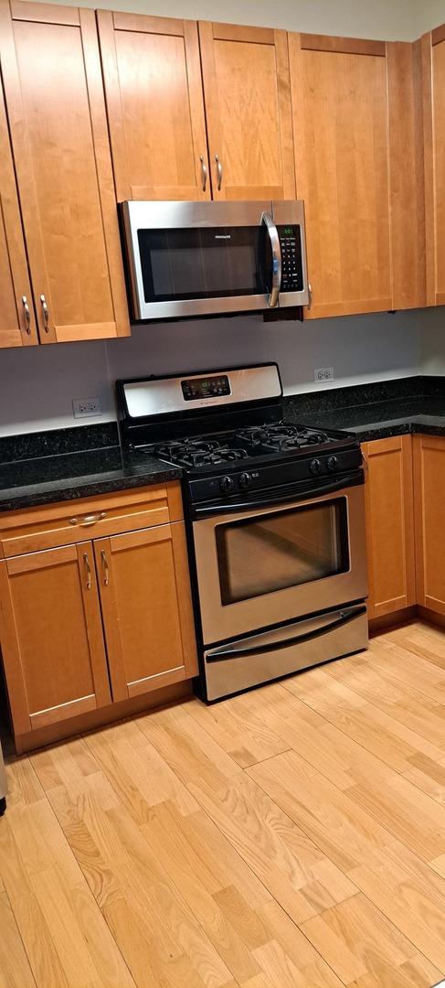 kitchen with stainless steel appliances and light wood-style floors