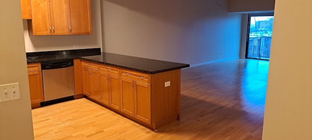 kitchen featuring dishwasher, a peninsula, and light wood finished floors