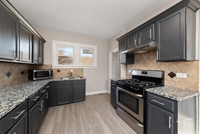 kitchen with under cabinet range hood, light stone counters, a sink, light wood-style floors, and appliances with stainless steel finishes