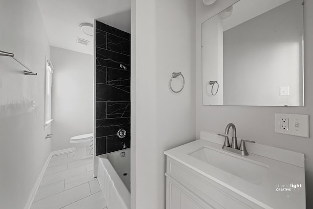 full bath featuring tub / shower combination, baseboards, toilet, and vanity