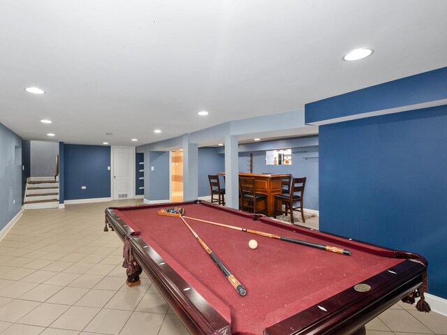 recreation room with light tile patterned flooring, recessed lighting, pool table, and baseboards