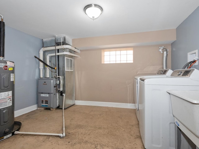 8018 S Luella Ave, Chicago, IL 60617 - clothes washing area featuring heating unit, electric water heater, washing machine and dryer, baseboards, and laundry area