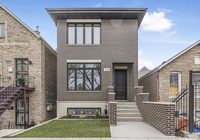 3308 S Leavitt St, Chicago, IL 60608 - modern home with brick siding and a front lawn
