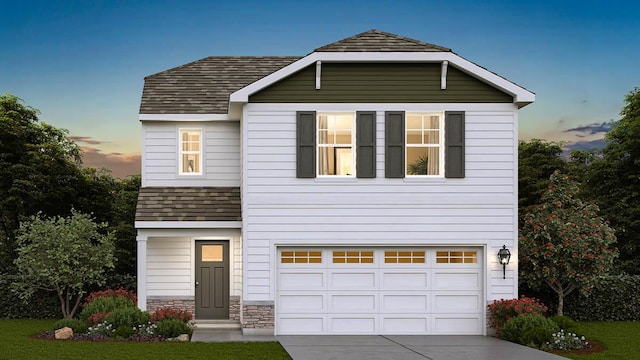 view of front facade with stone siding, driveway, roof with shingles, and an attached garage