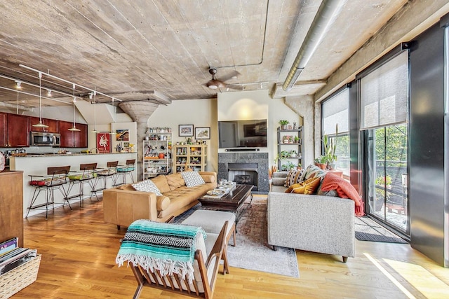 living room with light wood-style flooring and a fireplace